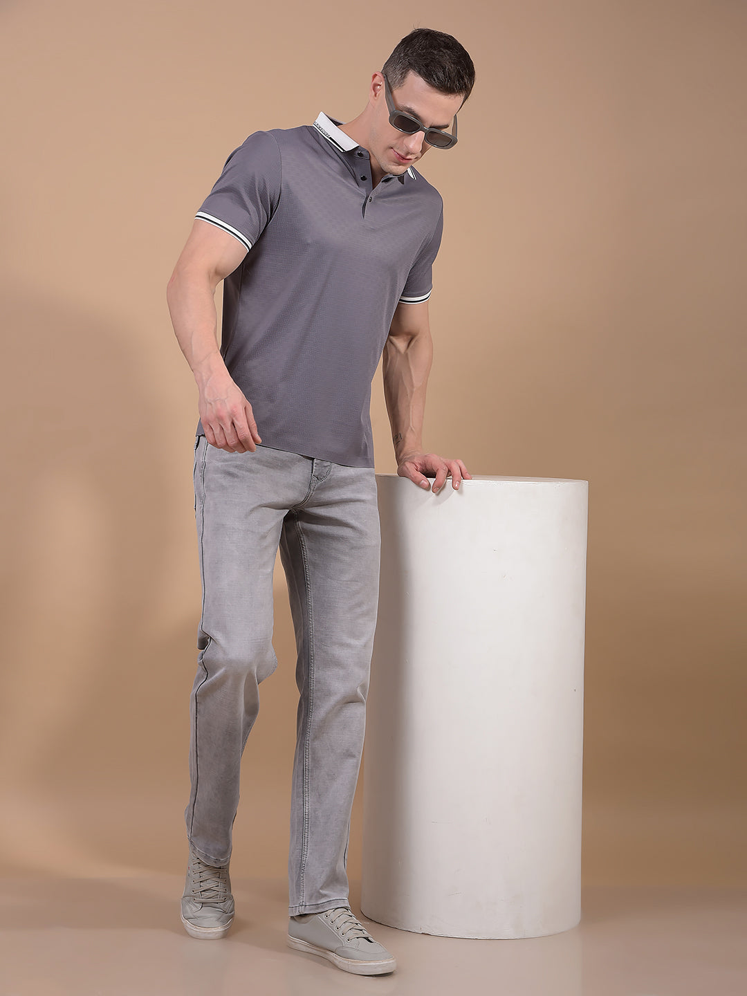 Grey Printed Polo Neck T-Shirt-Men T-Shirts-Crimsoune Club