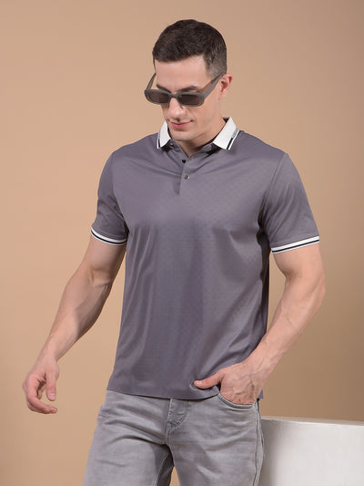 Grey Printed Polo Neck T-Shirt-Men T-Shirts-Crimsoune Club