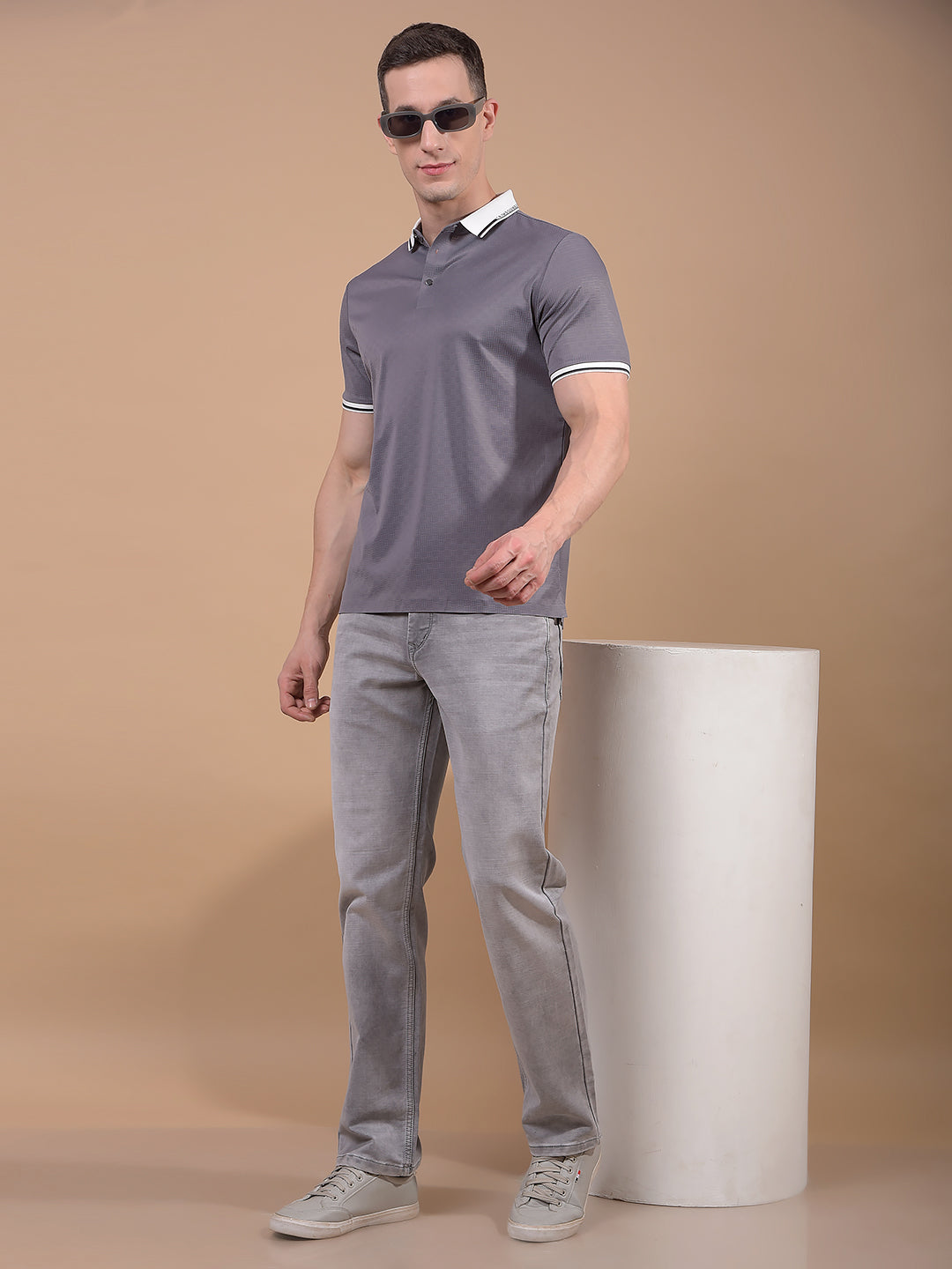 Grey Printed Polo Neck T-Shirt-Men T-Shirts-Crimsoune Club