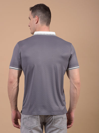 Grey Printed Polo Neck T-Shirt-Men T-Shirts-Crimsoune Club