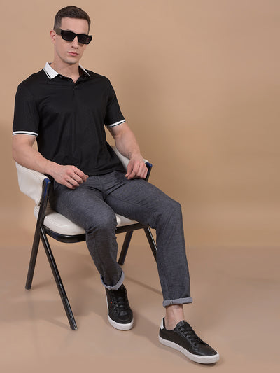 Black Printed Polo Neck T-Shirt-Men T-Shirts-Crimsoune Club