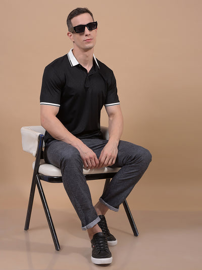 Black Printed Polo Neck T-Shirt-Men T-Shirts-Crimsoune Club