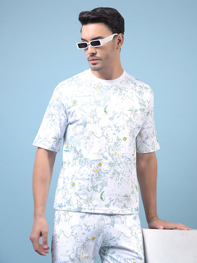 Men's White Floral Print T-Shirt-Men T-Shirts-Crimsoune Club