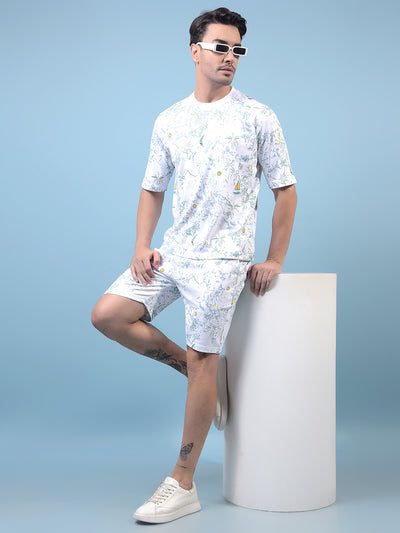 Men's White Floral Print T-Shirt-Men T-Shirts-Crimsoune Club