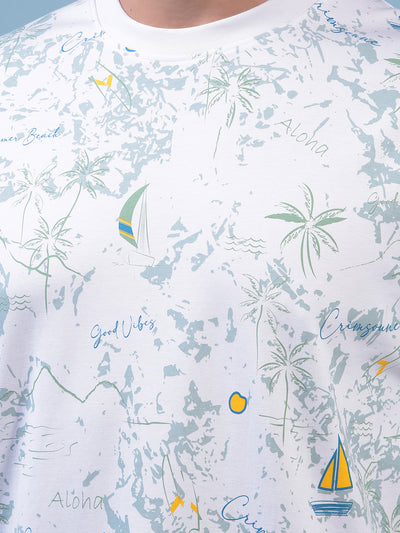 Men's White Floral Print T-Shirt-Men T-Shirts-Crimsoune Club