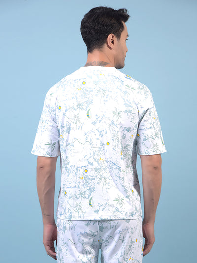 Men's White Floral Print T-Shirt-Men T-Shirts-Crimsoune Club