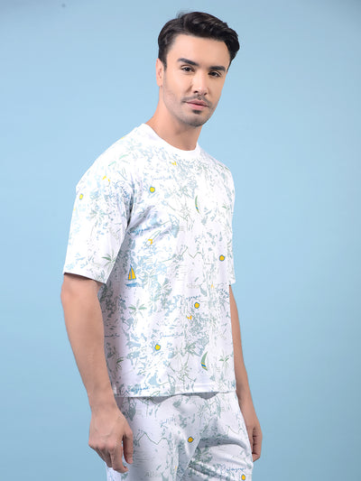 Men's White Floral Print T-Shirt-Men T-Shirts-Crimsoune Club