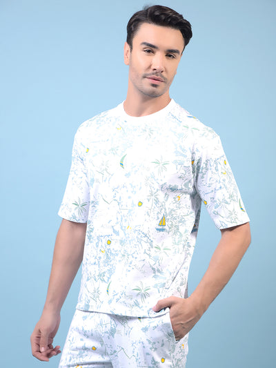 Men's White Floral Print T-Shirt-Men T-Shirts-Crimsoune Club