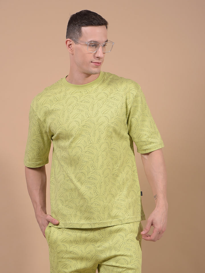 Green Floral Print 100% Cotton Oversize T-Shirt-Men T-Shirts-Crimsoune Club