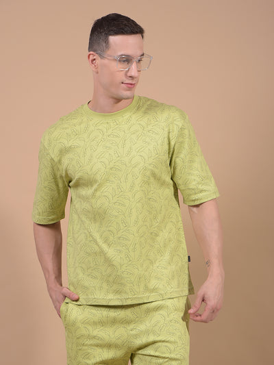Green Floral Print 100% Cotton Oversize T-Shirt-Men T-Shirts-Crimsoune Club