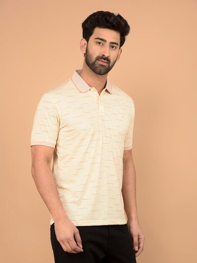 Beige Printed Polo Neck T-Shirt-Men T-Shirts-Crimsoune Club