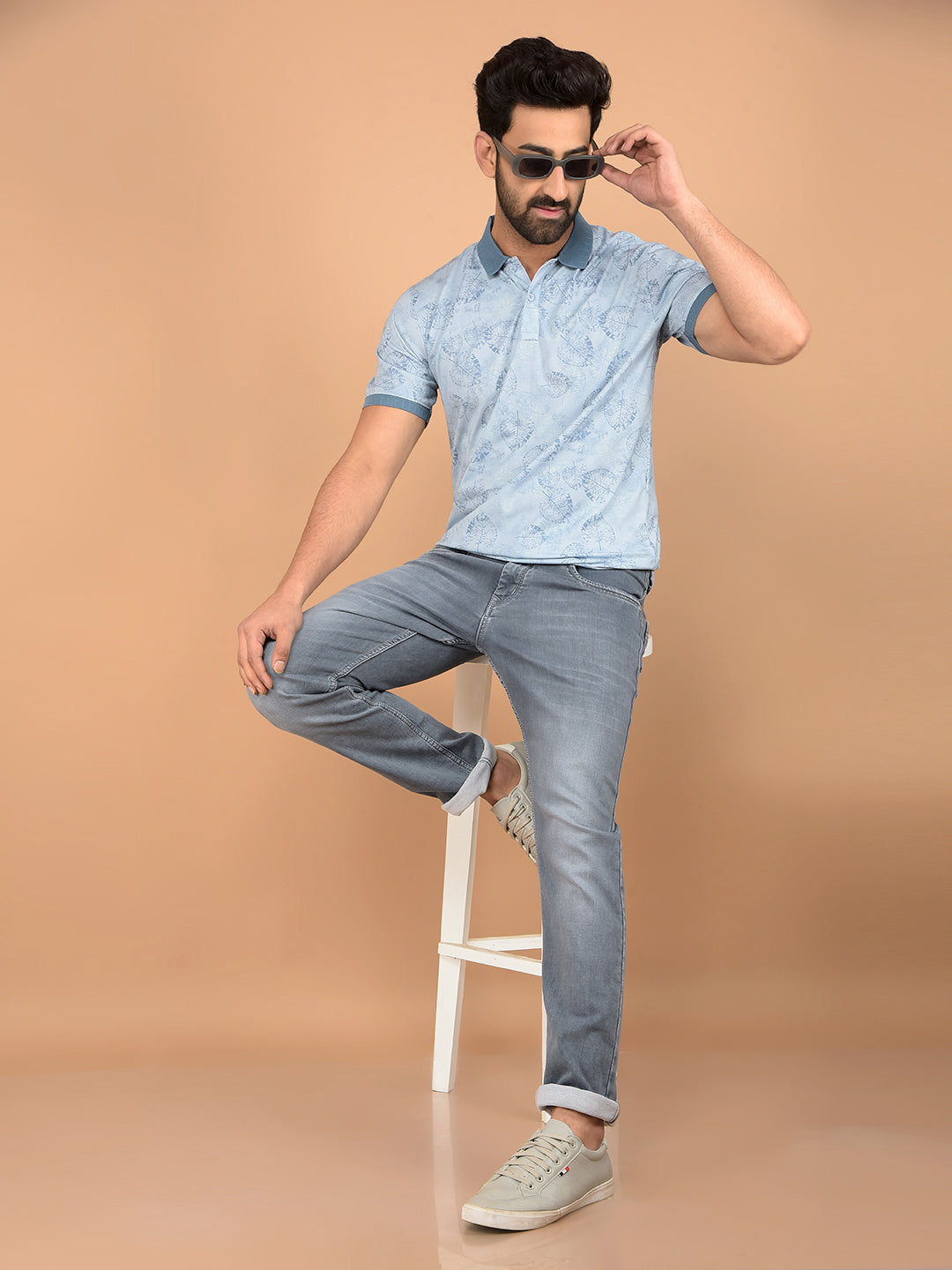 Blue Floral Print Polo Neck T-Shirt-Men T-Shirts-Crimsoune Club