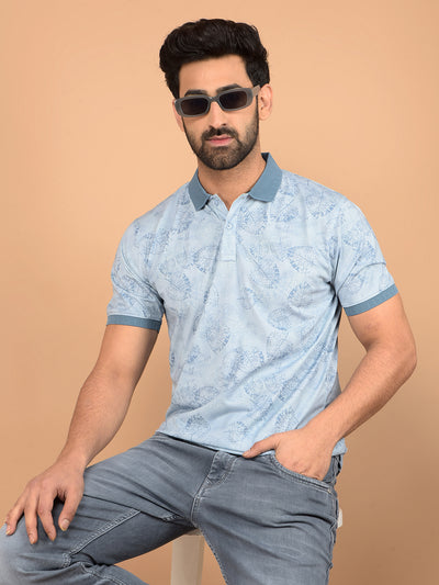 Blue Floral Print Polo Neck T-Shirt-Men T-Shirts-Crimsoune Club