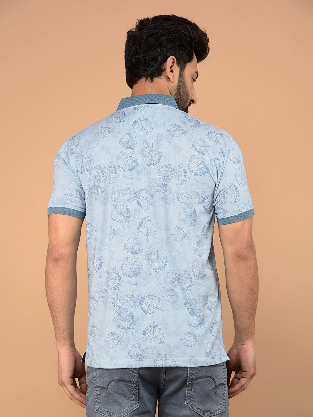 Blue Floral Print Polo Neck T-Shirt-Men T-Shirts-Crimsoune Club