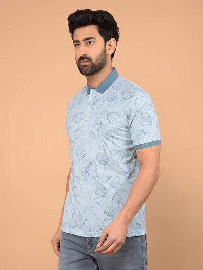 Blue Floral Print Polo Neck T-Shirt-Men T-Shirts-Crimsoune Club