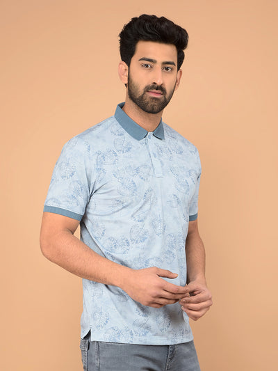 Blue Floral Print Polo Neck T-Shirt-Men T-Shirts-Crimsoune Club