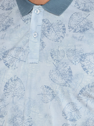Blue Floral Print Polo Neck T-Shirt-Men T-Shirts-Crimsoune Club