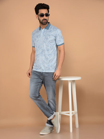 Blue Floral Print Polo Neck T-Shirt-Men T-Shirts-Crimsoune Club