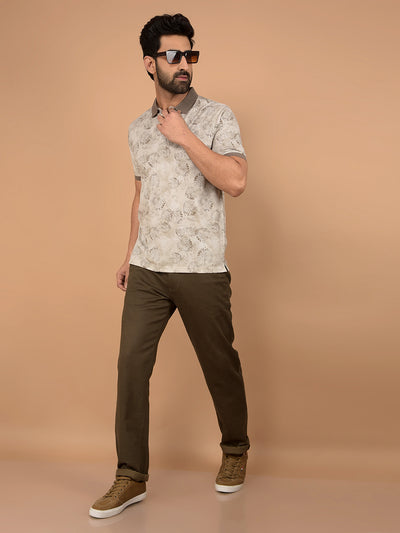 Brown Floral Print Polo Neck T-Shirt-Men T-Shirts-Crimsoune Club