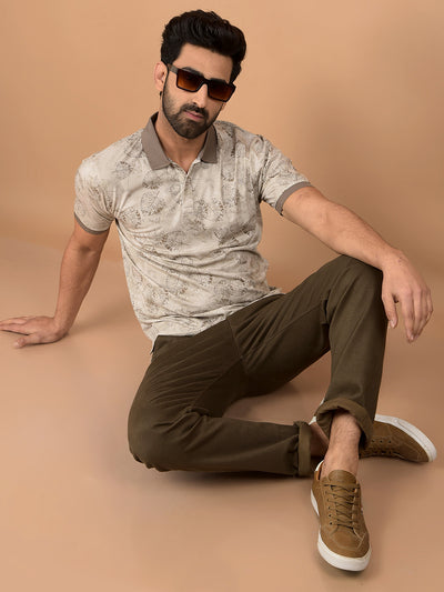Brown Floral Print Polo Neck T-Shirt-Men T-Shirts-Crimsoune Club