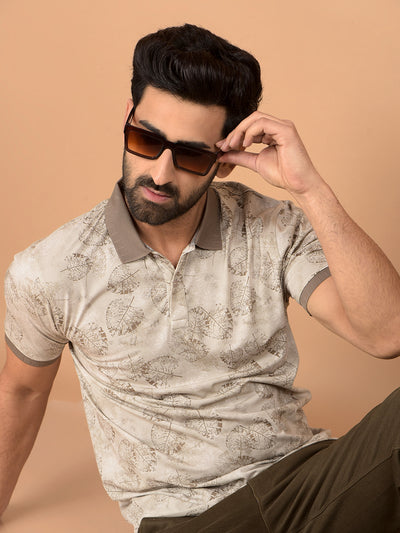 Brown Floral Print Polo Neck T-Shirt-Men T-Shirts-Crimsoune Club