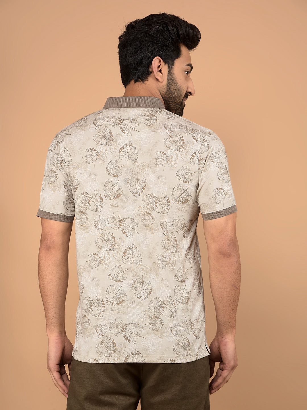 Brown Floral Print Polo Neck T-Shirt-Men T-Shirts-Crimsoune Club