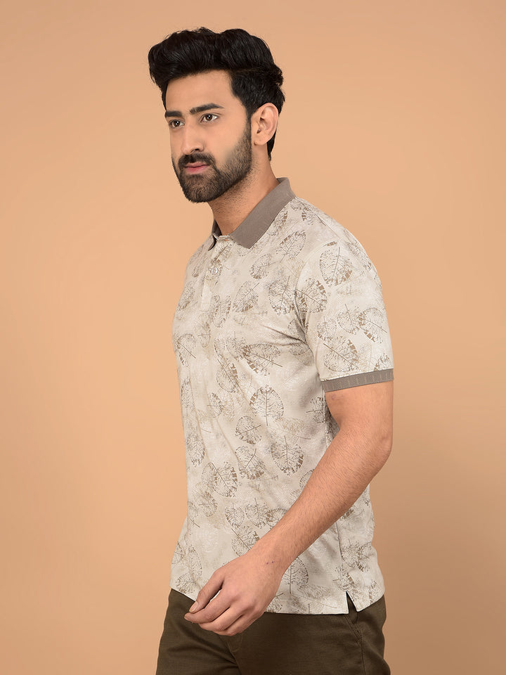 Brown Floral Print Polo Neck T-Shirt-Men T-Shirts-Crimsoune Club