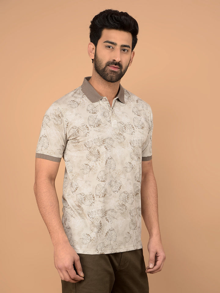 Brown Floral Print Polo Neck T-Shirt-Men T-Shirts-Crimsoune Club