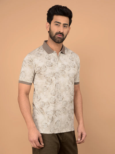Brown Floral Print Polo Neck T-Shirt-Men T-Shirts-Crimsoune Club
