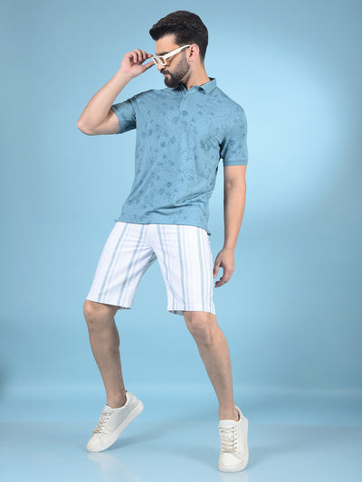 Blue Floral Print Polo-Neck T-Shirt-Men T-Shirts-Crimsoune Club