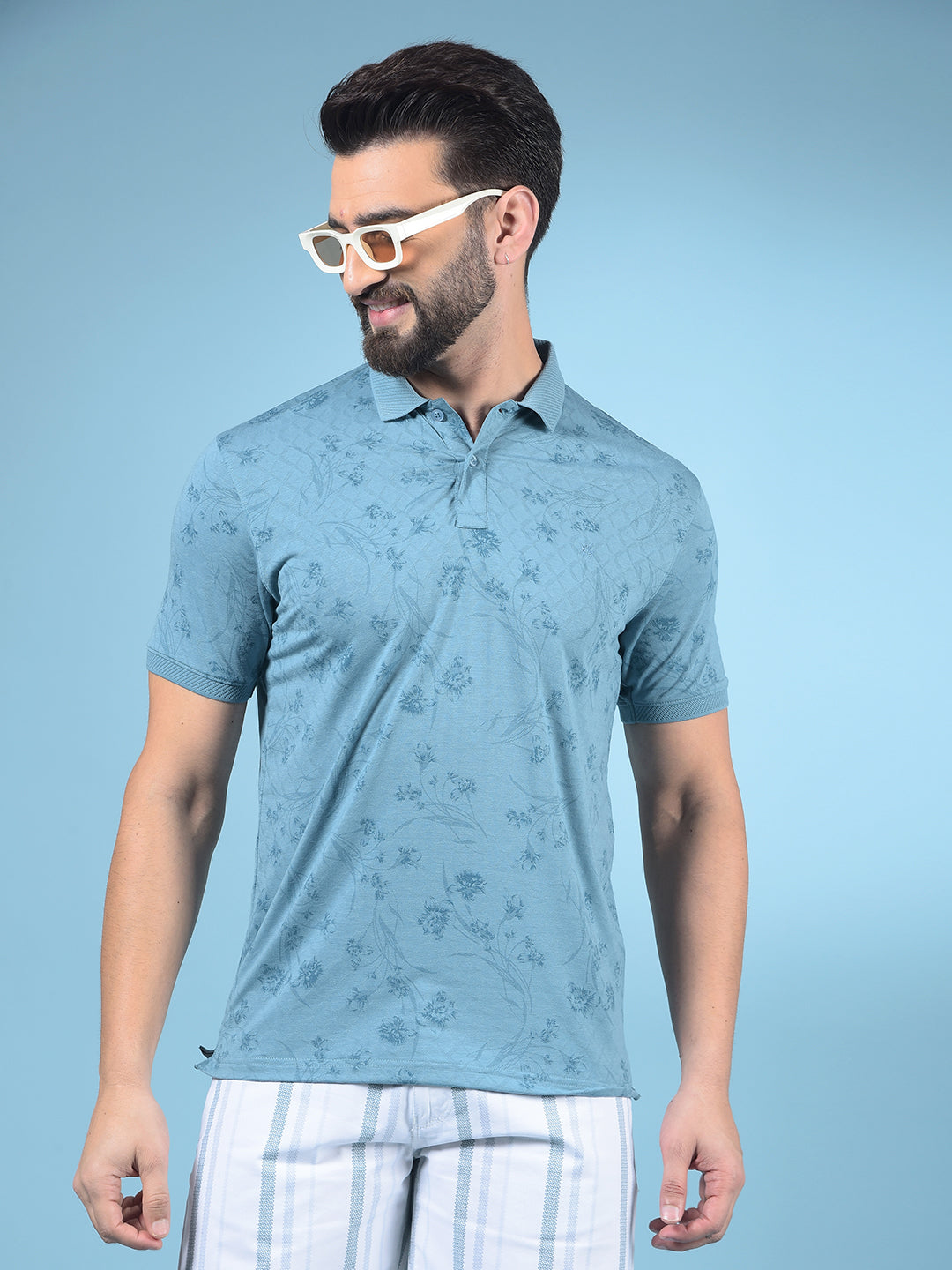 Blue Floral Print Polo-Neck T-Shirt-Men T-Shirts-Crimsoune Club