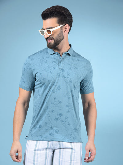 Blue Floral Print Polo-Neck T-Shirt-Men T-Shirts-Crimsoune Club