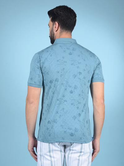 Blue Floral Print Polo-Neck T-Shirt-Men T-Shirts-Crimsoune Club