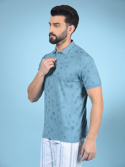 Blue Floral Print Polo-Neck T-Shirt-Men T-Shirts-Crimsoune Club