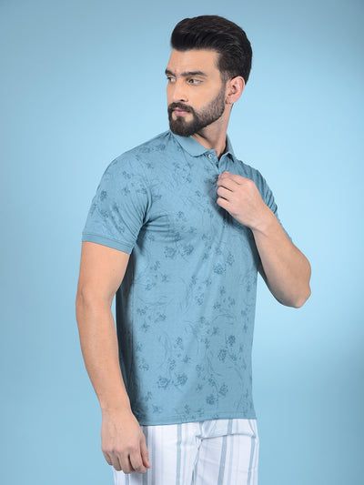 Blue Floral Print Polo-Neck T-Shirt-Men T-Shirts-Crimsoune Club