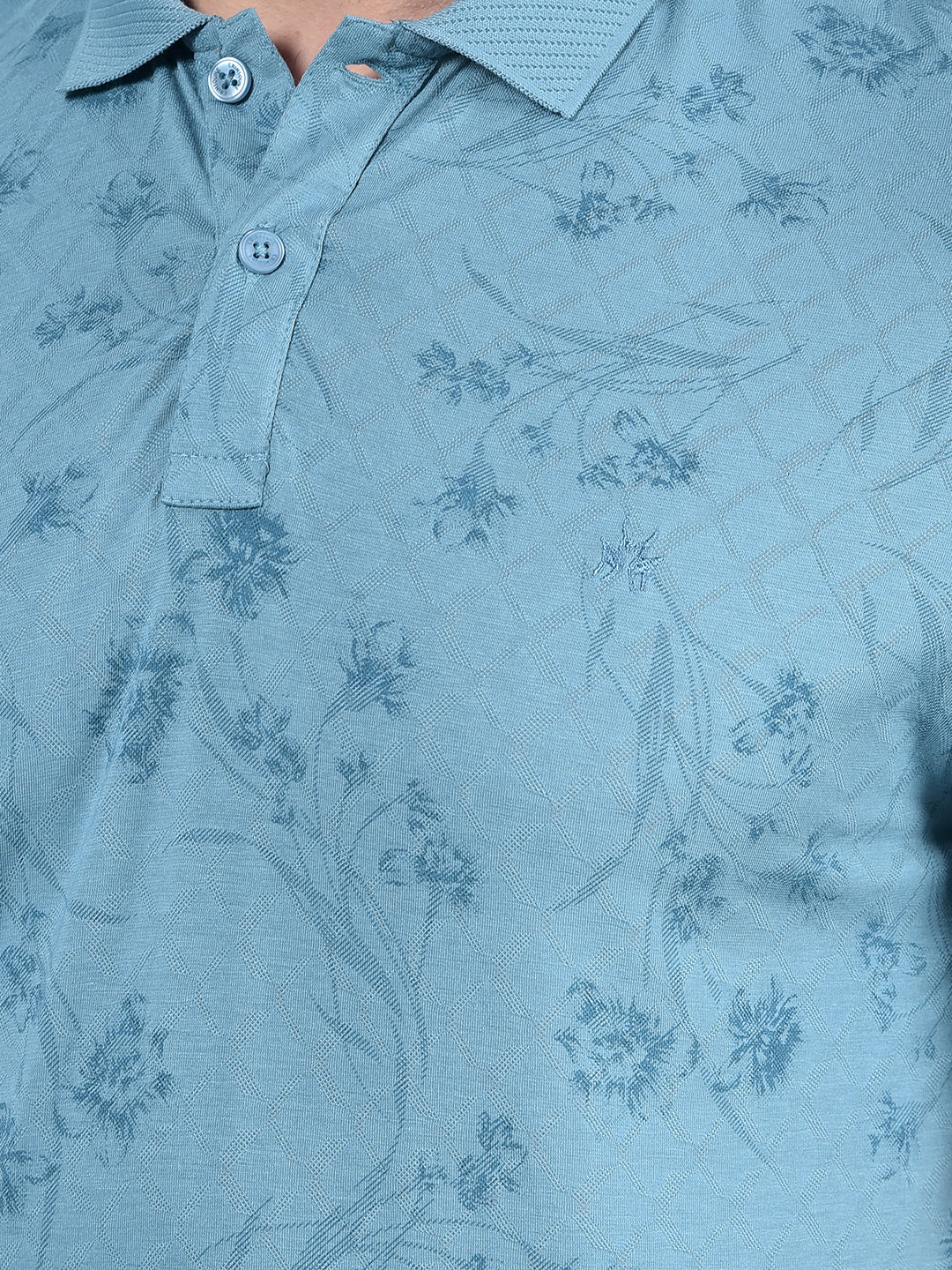 Blue Floral Print Polo-Neck T-Shirt-Men T-Shirts-Crimsoune Club