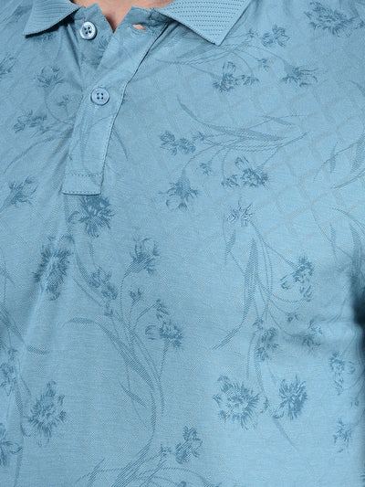 Blue Floral Print Polo-Neck T-Shirt-Men T-Shirts-Crimsoune Club