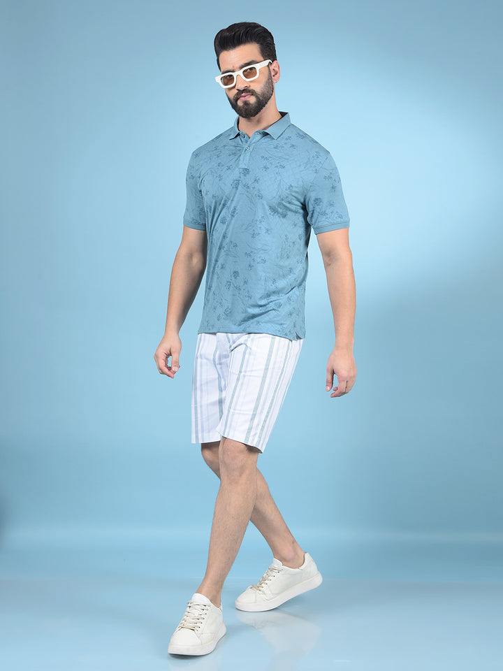 Blue Floral Print Polo-Neck T-Shirt-Men T-Shirts-Crimsoune Club