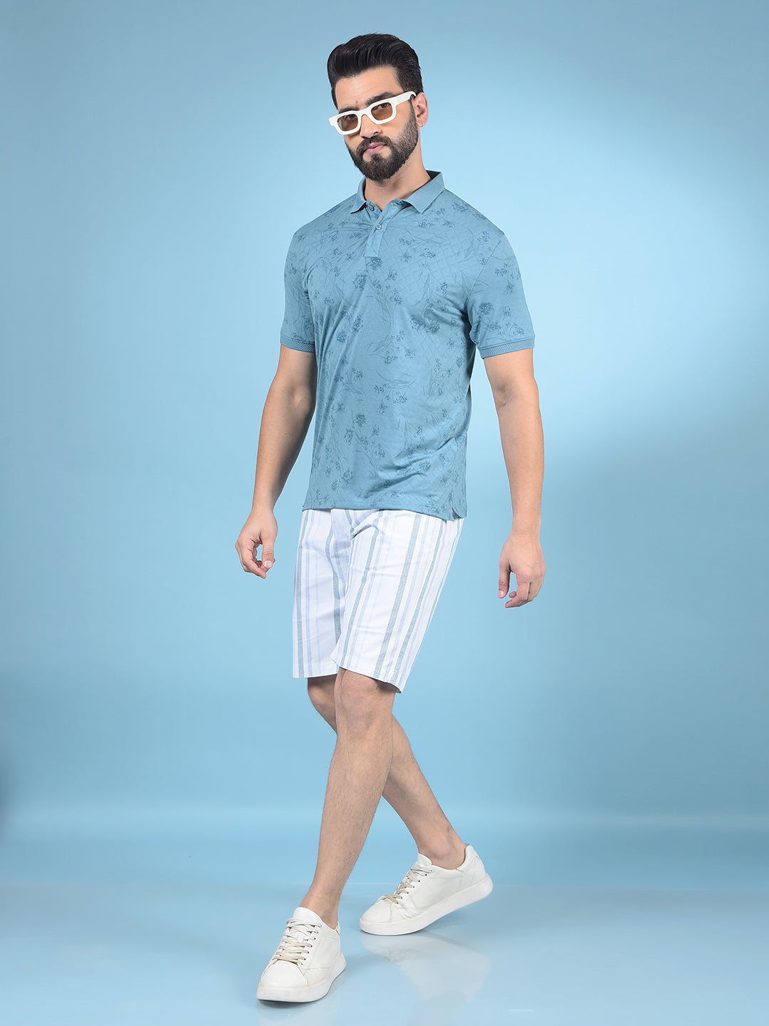 Blue Floral Print Polo-Neck T-Shirt-Men T-Shirts-Crimsoune Club