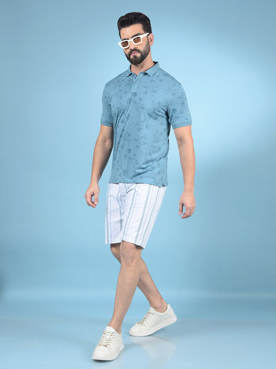 Blue Floral Print Polo-Neck T-Shirt-Men T-Shirts-Crimsoune Club