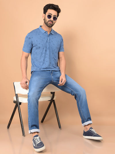 Blue Floral Print Polo Neck T-Shirt-Men T-Shirts-Crimsoune Club