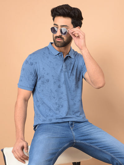 Blue Floral Print Polo Neck T-Shirt-Men T-Shirts-Crimsoune Club