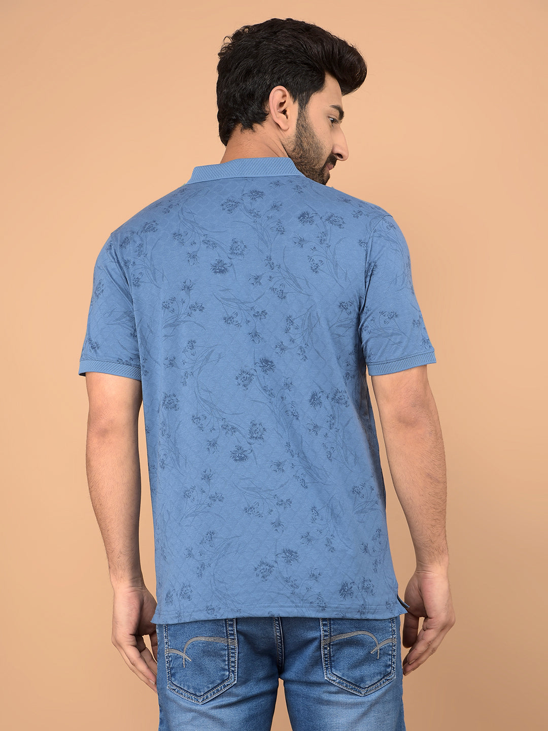Blue Floral Print Polo Neck T-Shirt-Men T-Shirts-Crimsoune Club