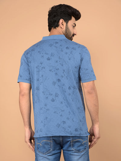 Blue Floral Print Polo Neck T-Shirt-Men T-Shirts-Crimsoune Club