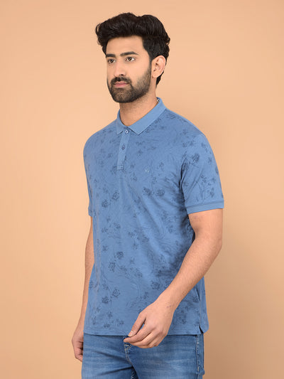 Blue Floral Print Polo Neck T-Shirt-Men T-Shirts-Crimsoune Club