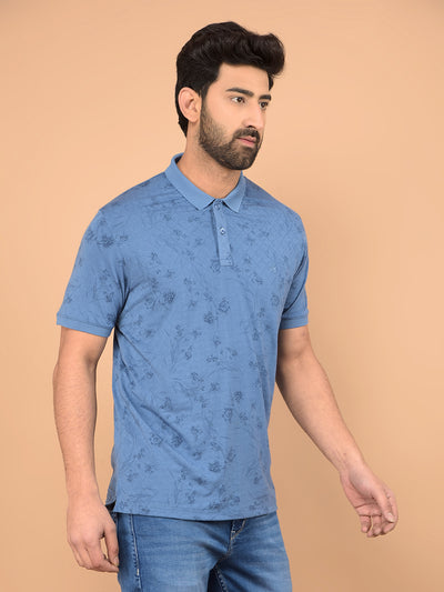 Blue Floral Print Polo Neck T-Shirt-Men T-Shirts-Crimsoune Club