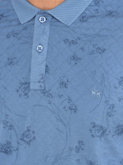 Blue Floral Print Polo Neck T-Shirt-Men T-Shirts-Crimsoune Club