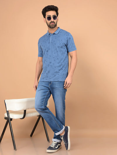 Blue Floral Print Polo Neck T-Shirt-Men T-Shirts-Crimsoune Club