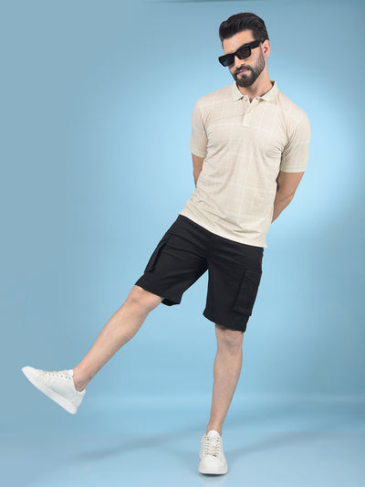 Beige Checked Polo-Neck T-Shirt-Men T-Shirts-Crimsoune Club