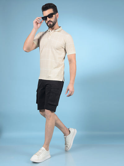 Beige Checked Polo-Neck T-Shirt-Men T-Shirts-Crimsoune Club